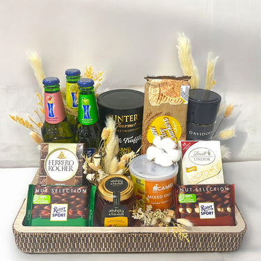 Premium Snack and Treats Tray, Davidoff Espresso, Hunters Snacks, Ritter Chocolates, Lindt Chocolates, Wooden Tray